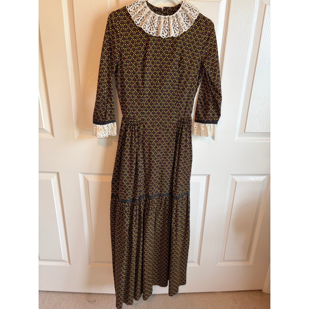 Vintage Handmade Calico Prairie Maxi Dress Lace Collar Thanksgiving Fall XS